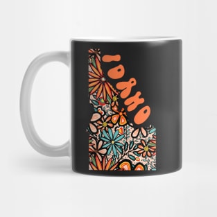 Idaho State Design | Artist Designed Illustration Featuring Idaho State Outline Filled With Retro Flowers with Retro Hand-Lettering Mug